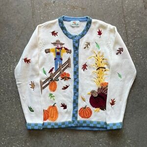 The Quaker Factory Womens Duck Sweater Cardigan Turkey Pumpkin Leaves L